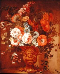Rosas, Papoilas, Madressilva, Stock e Outras Flores em Jarra Esculpida (óleo sobre tela)