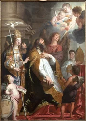 Santo Agostinho de Hipona em êxtase. O santo desmaiou ao olhar para um coração alado em chamas e rodeado de anjos. À esquerda, a pomba do Espírito Santo (Espírito Santo). Pintura de Gaspar de Crayer (1584-1669), arte flamenga do século XVII. Dimensões.