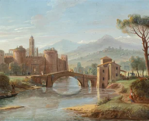 Uma paisagem fluvial com uma ponte que conduz a uma cidade fortificada (óleo sobre cobre)