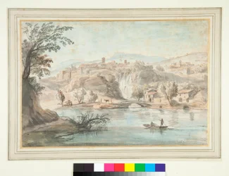 Paisagem em Tivoli (caneta e tinta marrom e lavagens coloridas)