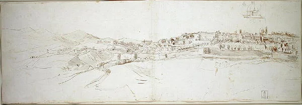 Vista de Urbino do colle di San Donato (giz sobre papel)