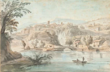 Paisagem no Tivoli, 1701-10 (caneta, tinta marrom e lavagens coloridas no papel)