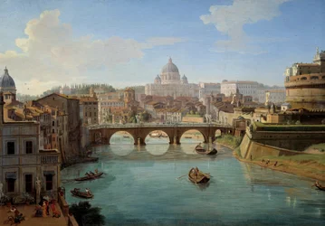 Vista da Basílica de São Pedro em Roma, detalhe da pintura “” Vista do Castelo de Santo Ângelo em Roma ”Panorama da cidade, o Tibre e o Castelo Sant" Angelo, mausoléu do Imperador Adriano ”” Quadro de Gaspare Vanvitelli