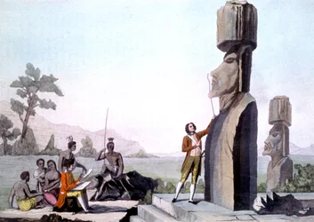 La Perouse com a sua tripulação, medindo as Estátuas da Ilha de Páscoa (1786), gravando