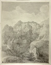 Paisagem de montanha com duas figuras em primeiro plano