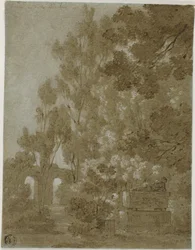 Vista dos arcos em ruínas e do túmulo na Villa Borghese