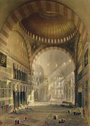 Haghia Sophia, placa 24: interior da cúpula central com candelabros rebaixados, gravada por Louis Haghe (1806-85), publicada em 1852