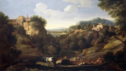 Paisagem italiana mostrando cena de caça, por Gaspard Dughet (1615-1675)