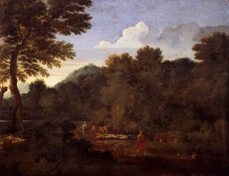 Paisagem com rebanho de ovelhas, por Gaspard Dughet (1615-1675), óleo sobre tela, 50x66 cm.