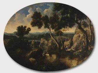 Paisagem rochosa com caçadores, c.1635