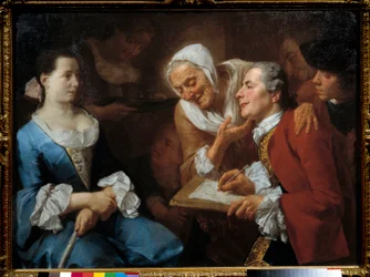 Um pintor e o seu modelo, atrás dele uma mulher velha estica o pescoço para a ver desenhar. Pintura de Gaspare Traversi (1732- 1769) 1754 Sol. 0,99x0,73 m