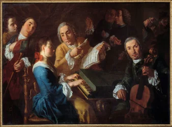O concerto Um músico no cravo e um violoncelista. pintura de Gaspare Traversi (1722-1770) Sol do século XVIII. 0,96x1,3 m Rouen, Musee des Beaux Arts