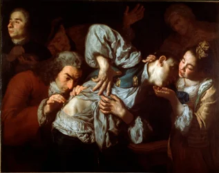 As feridas Um homem ferido é examinado por um médico e tranquilizado por uma jovem mulher. Pintura por Gaspare Traversi (ca. 1722-1770). 1752 aproximadamente. Sol. 100x127 cm Galleria dell
