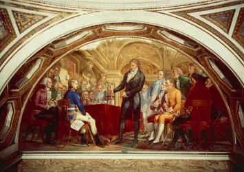 Alessandro Volta (1745-1827) exibindo sua bateria recém-inventada para Napoleão (1769-1821) no Institut de France em Paris, 7 de novembro