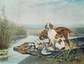 Lembranças de caça: "cães e caça" Watercolour de Jules e Gaston Gelibert (século XIX) Paris, artes decorativas
