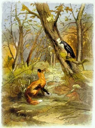 Fábula de La Fontaine: O corvo e a raposa, ilustração, c. 1900