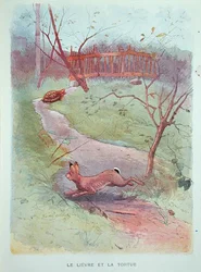A Lebre e a Tartaruga, ilustração das fábulas de Jean de la Fontaine (1621-95) início do século XX