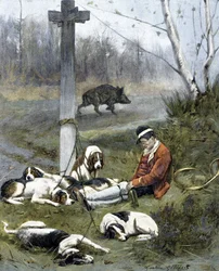 O caçador e os seus cães adormecidos - gravura de Gaston Gelebert