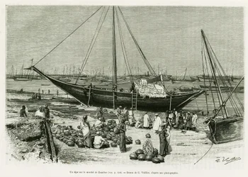 Um tepe no mercado de Zanzibar (Tanzânia). Gravura de G.Vuillier, para ilustrar a história Voyage among the Benadirs, Somalis and Bayouns, em 1882 e 1883, de G.Revoil, in le tour du monde 1888, dirigido por Edouard Charton (1807-1890), Hachette, Paris.