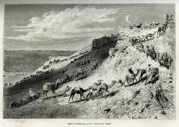Akabah ou alinhar camelos da caravana. Gravura de G.Vuillier, para ilustrar a história "pelerinage au Nedjed, berço da raça árabe", de Lady Anna Blunt, em 1878-1879, publicada no Tour du monde, sob a direcção de Edouard Charton (1807-1