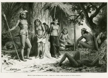 Bivouac e tipos de pulmão na floresta. Gravura de G.Vuillier, para ilustrar a história De Koutei a Bandjirmasin, viagem pelo Bornéu, de Carl Bock, em le tour du monde 1890, dirigido por Edouard Charton (1807-1890), Hachette, Paris.