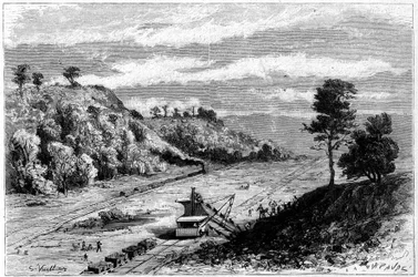 Construção do Canal do Panamá - piercing do Istmo do Panamá : vista geral do local da escavadeira no Monte Monkey. Gravura de Vuillier em "Le Monde Illustre" n°1309 de 29 de Abril de 1882.