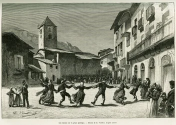 Dança na praça pública. Gravura de G.Vuillier, para ilustrar a história Le val d