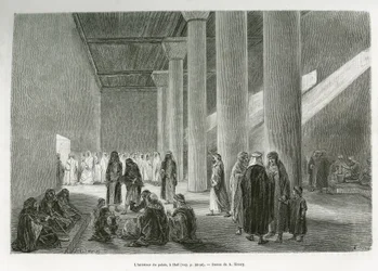 Dentro do palácio do Emir Muhammad Ibn Abdullah Al Rashid (1872-1897), em Hail, Arábia Saudita. Gravura de G.Vuillier, para ilustrar a história "pelerinage au Nedjed, berço da raça árabe", de Lady Anna Blunt, em 1878-1879, publicada no Tour du mo