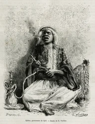 Retrato de Djohar, governador do djof (agrupamento de 7 ou 8 aldeias, construídas a uma distância de 10 minutos uma da outra, online), narguilé fumador. Gravura de G.Vuillier, para ilustrar a história "pelerinage au Nedjed, berço da raça árabe", de Lad