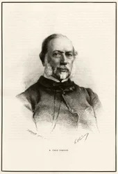 Retrato de Emile Templier (1821- 1891), colaborador de Louis Hachette (1800-1864), encarregado da fabricação do "Tour du monde". Gravura de G.Vuillier, para ilustrar a história "From Paris to Tonkin, through the unknown Tibet" de Gabriel Bonvalo