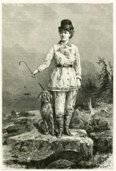 Retrato de Madame Marie De Ujfalvy-Bourdon, em vestido de viagem, com seu cão, casada com o linguista etnólogo e explorador Charles Eugene Ujfalvy (1842-1904), ela o acompanhou em todas as suas expedições. Gravura de G.Vuillier, depois da natureza, para il