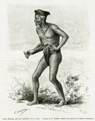 Sibou Mobang, chefe dos canibais. Gravura de G.Vuillier, para ilustrar a história De Koutei a Bandjirmasin, viagem pelo Bornéu, de Carl Bock, em le tour du monde 1890, dirigido por Edouard Charton (1807-1890), Hachette, Paris.