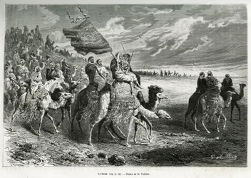 O Berak, a bandeira do Emir Ibn Al Rashid (1872-1890) (Arábia Saudita). Gravura de G.Vuillier, para ilustrar a história "Pelerinage au Nedjed, berço da raça árabe", de Lady Anna Blunt, em 1878-1879, publicada no Tour du monde, sob a direcção
