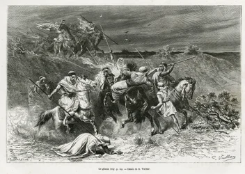 O Ghazou, ou razzia, saqueando com uma mão. Gravado por G.Vuillier, para ilustrar a história "pelerinage au Nedjed, berço da raça árabe", de Lady Anna Blunt, em 1878-1879, publicado no Tour du monde, sob a direcção de Edouard Charton (1807-