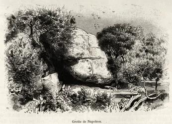 A caverna Napoleão, ou Napoleão Bonaparte (1769-1821) gostava de se refugiar quando criança para estudar e meditar. Gravura e história "La Corse" de Gaston Vuillier (1845-1915), em 1890, em Le tour du monde, nouveau journal des voyages, sob a direção de