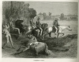 A expedição a cavalo para a exploração do vale do Terable, gravada após um desenho de G.Vuillier, para ilustrar a história De Cayenne aux Andes, de Jules Crevaux, médico da marinha francesa, em 1878-1879, publicada no tour du monde, unde