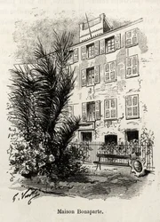 A fachada da casa Bonaparte, na qual Napoleão Bonaparte (1769-1821) não está. Gravura e história "La Corse" de Gaston Vuillier (1845-1915), em 1890, em Le tour du monde, nouveau journal des voyages, sob a direção de Edouard Charton (1807-189