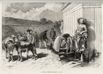 A fonte do Rossello, em Sassari (Itália). Atividades diárias, mulher enchendo um nicho e carregadores de água com seus burros, enchendo seus barris. Gravura e história "La Sardaigne" de Gaston Vuillier (1845-1915), em 1890, em Le tour du monde, nouv