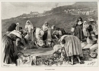 A lavanda de Osilo (Itália), mulheres reunidas em torno da bacia. Gravura e história "La Sardaigne" de Gaston Vuillier (1845-1915), em 1890, em Le tour du monde, nouveau journal des voyages, sob a direcção de Edouard Charton (1807-1890), 2º semeste