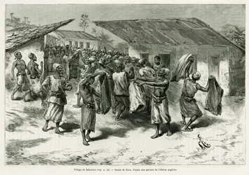 A aldeia de Bakourou, os povos indígenas são oferecidos presentes para as negociações de paz. Gravado por G.Vuillier, para ilustrar a história Dans les tenebres de l