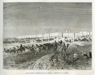 As paredes de Meshed Ali (Ali Ibn Abi Talib, falecido em 661, primo, discípulo e genro de Muhammad (570-632)) estão localizadas na mesquita de Najaf (Iraque) e os pelerins se reúnem para celebrar o primeiro e pai de todos os imãs. Gravura de G.Vuillier, pa