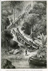 Canoas de arrasto em Innkissi Falls (ou Livingstone Falls) (Congo), sob a direcção de Sir H.M.Stanley (1841-1904), desenho de G.Vuillier, para ilustrar a história "Through the Mysterious Continent", uma viagem feita entre 1874-1877, por Sir H.M.Stanley. E