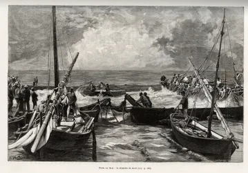 Pesca do atum (mattanza): a câmara da morte, prensas de atum num espaço apertado são cobertas pelos arpões dos pescadores. Gravura e história "La Sardaigne" de Gaston Vuillier (1845-1915), em 1890, em Le tour du monde, nouveau journal des voyages, under t