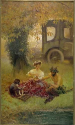 Uma jovem mulher assistida por um macaco cura uma vida selvagem (pintura)
