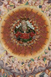 Detalhe da Assunção de Nossa Senhora, conhecida como "O coro de anjos tocando música", Cúpula do transepto, de 1534 (fresco)