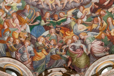 Detalhe da Assunção da Santíssima Virgem, conhecida como "O coro dos anjos tocando música", Cúpula do transepto, de 1534 (fresco)
