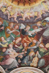 Detalhe da Assunção de Nossa Senhora, conhecida como "O coro de anjos tocando música", Cúpula do transepto, de 1534 (fresco)
