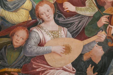 Detalhe da Assunção de Nossa Senhora, conhecida como "O coro de anjos tocando música", Cúpula do transepto, de 1534 (fresco)