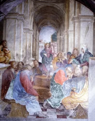 Discussão de Jesus com os médicos no Templo. Fresco por Gaudenzio Ferrari (1475 - 1546), Igreja de Santa Maria delle Grazie, Varallo.