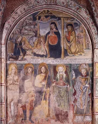 Natividade e Santos, afresco de Gaudenzio Ferrari (1475-1546), Basílica de San Giulio, Ilha de San Giulio, Orta San Giulio, Itália